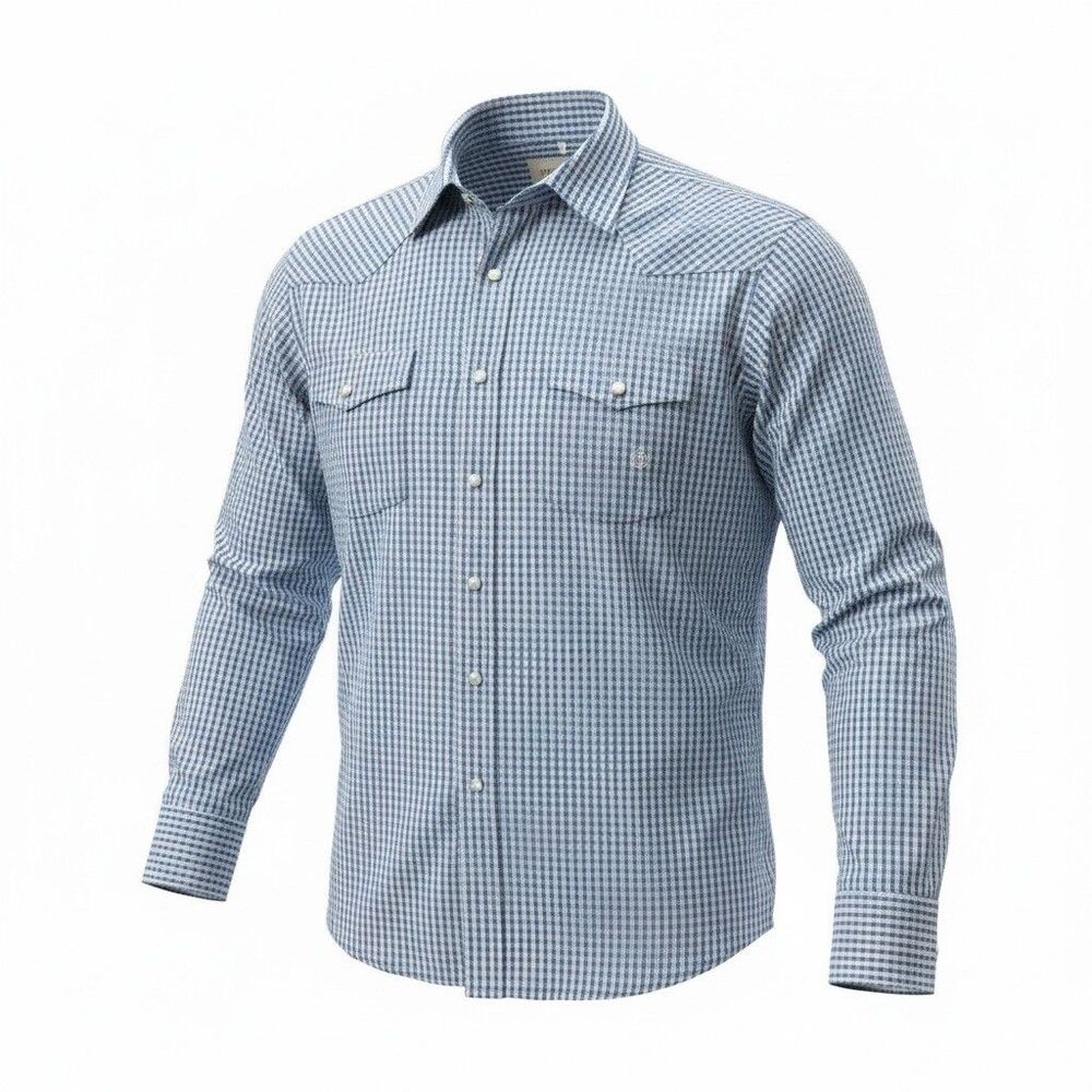 Roper Men's 2XL Button Shirt Long Sleeve Check Blue Pearl Snap Western Country